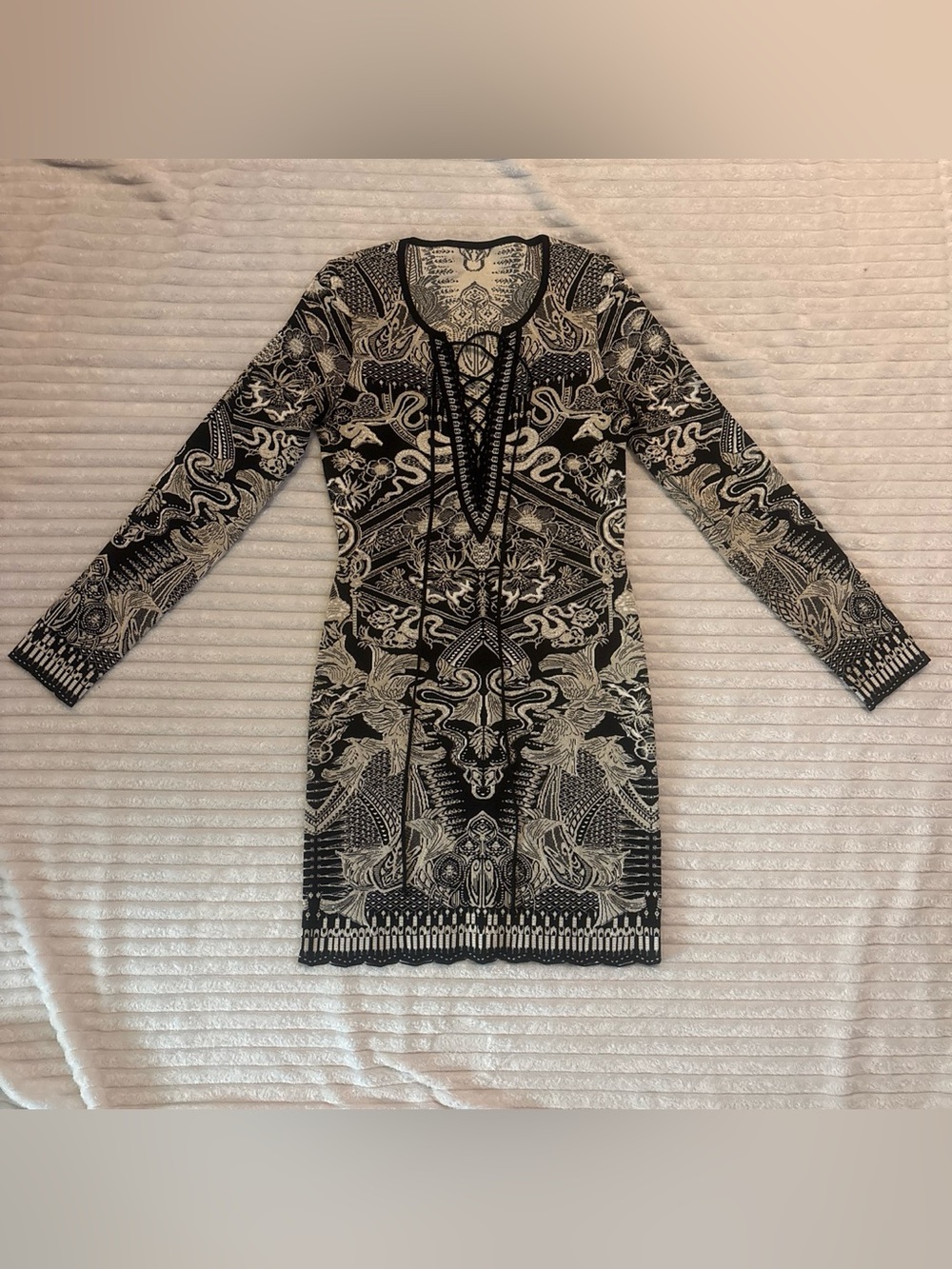 Roberto Cavalli Black and White Lace-Up Long Sleeve Bodycon Dress